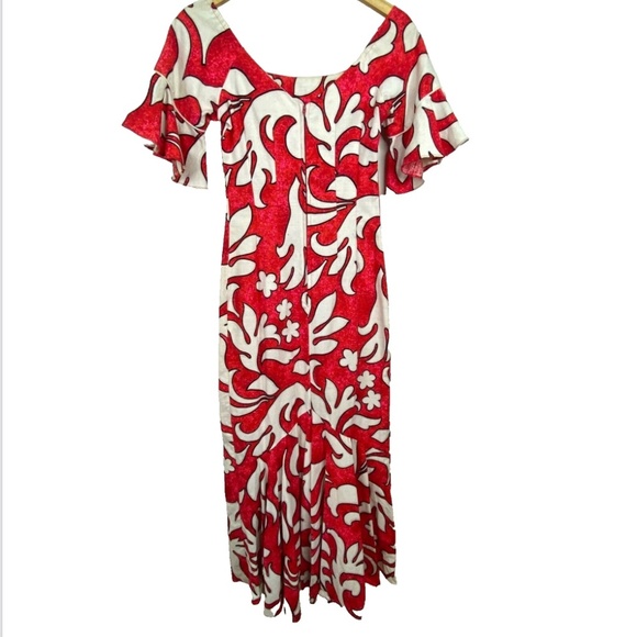 VTG Kimos Polynesian Shop Maxi Dress 8 Red Floral Flutter Sleeve Hawaiian Made - Picture 4 of 14